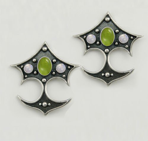 Sterling Silver Gothic Drop Dangle Earrings With Peridot And Rainbow Moonstone